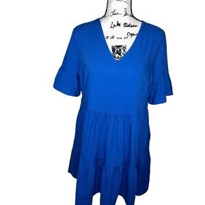 Fancyinn Dress Sz M Short Sleeve Cotton V-Neck Knee Length Royal Blue